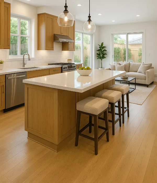 Kitchen with an island.
